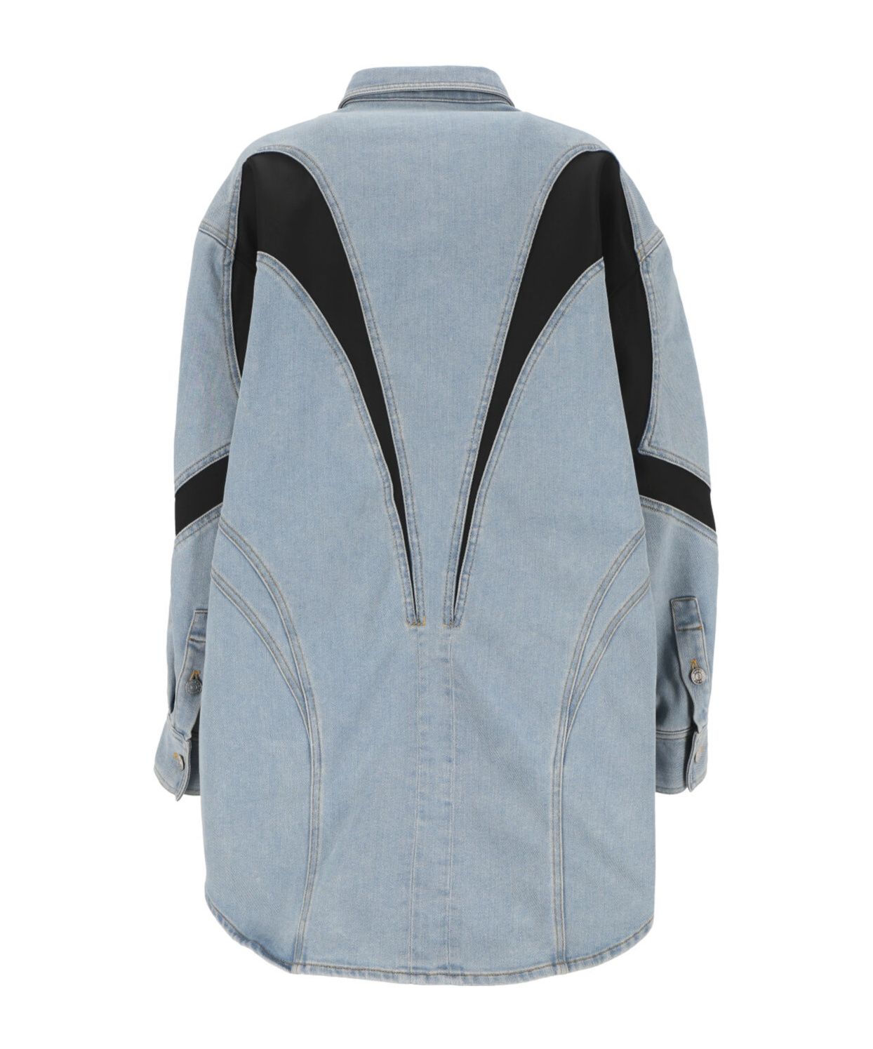 Mugler Long-sleeved Spliced Denim Coat In Gray