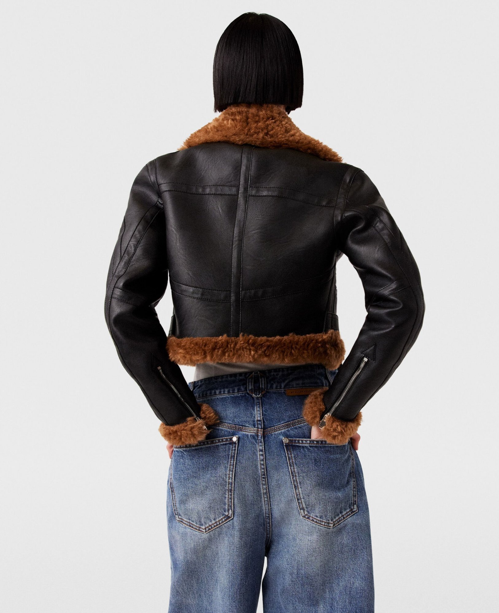 Shop Stella Mccartney Faux Fur-trim Zip-up Aviator Jacket In Black