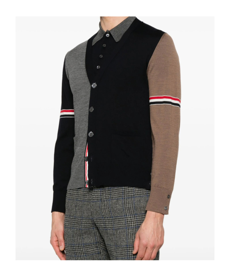 Thom Browne Navy/grey/brown Wool Cardigan In Black