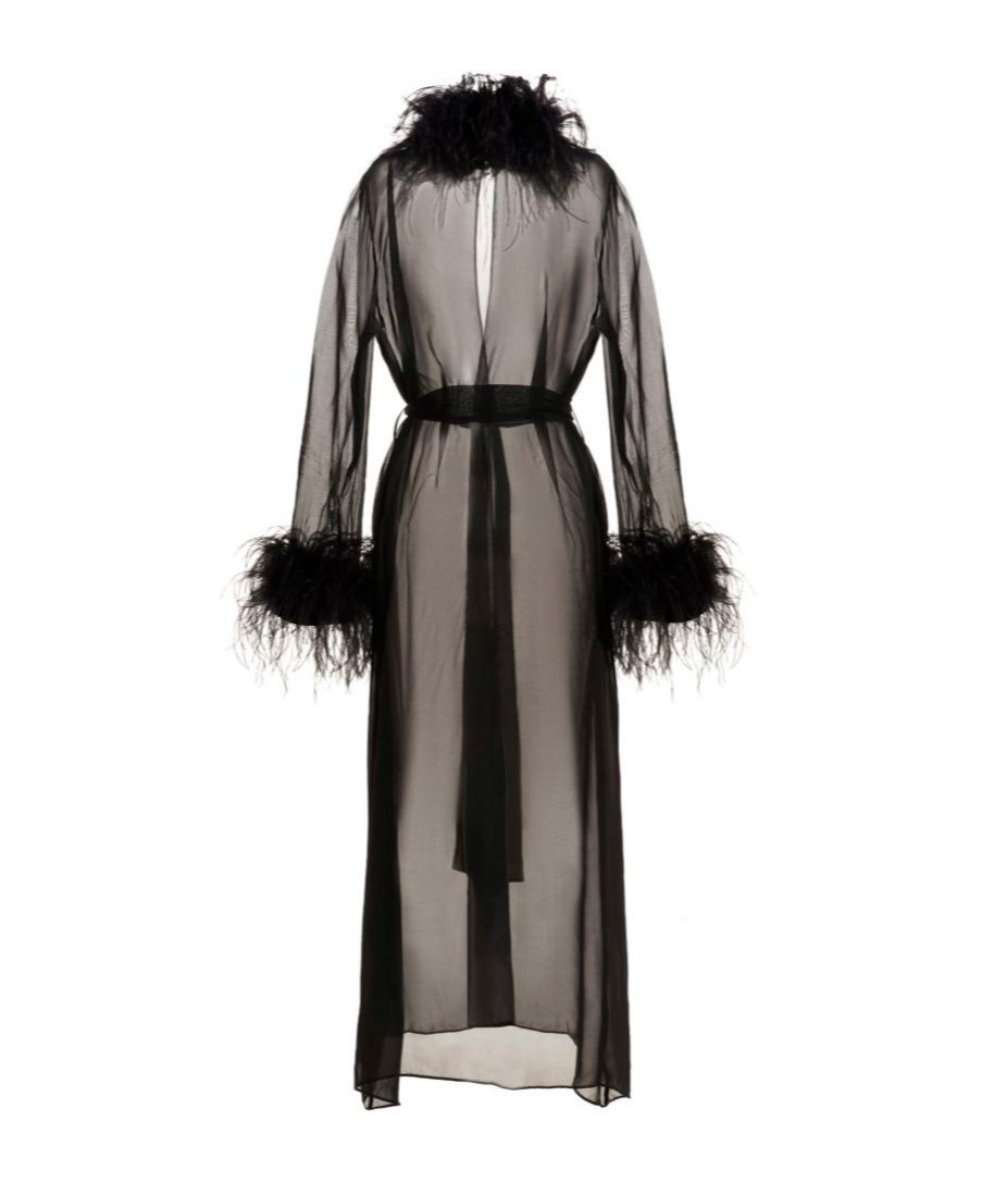 Oseree Plumage Feather-trimmed Chiffon Robe In Black
