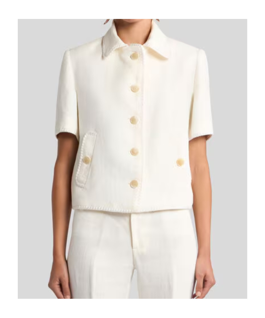 Etro Short-sleeved Cropped Linen Jacket With Pegaso Buttons In White