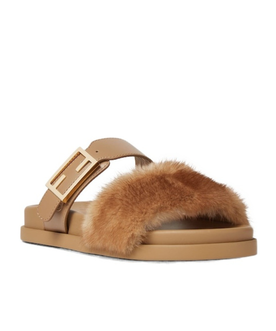 Fendi Light Brown Leather And Mink Slides