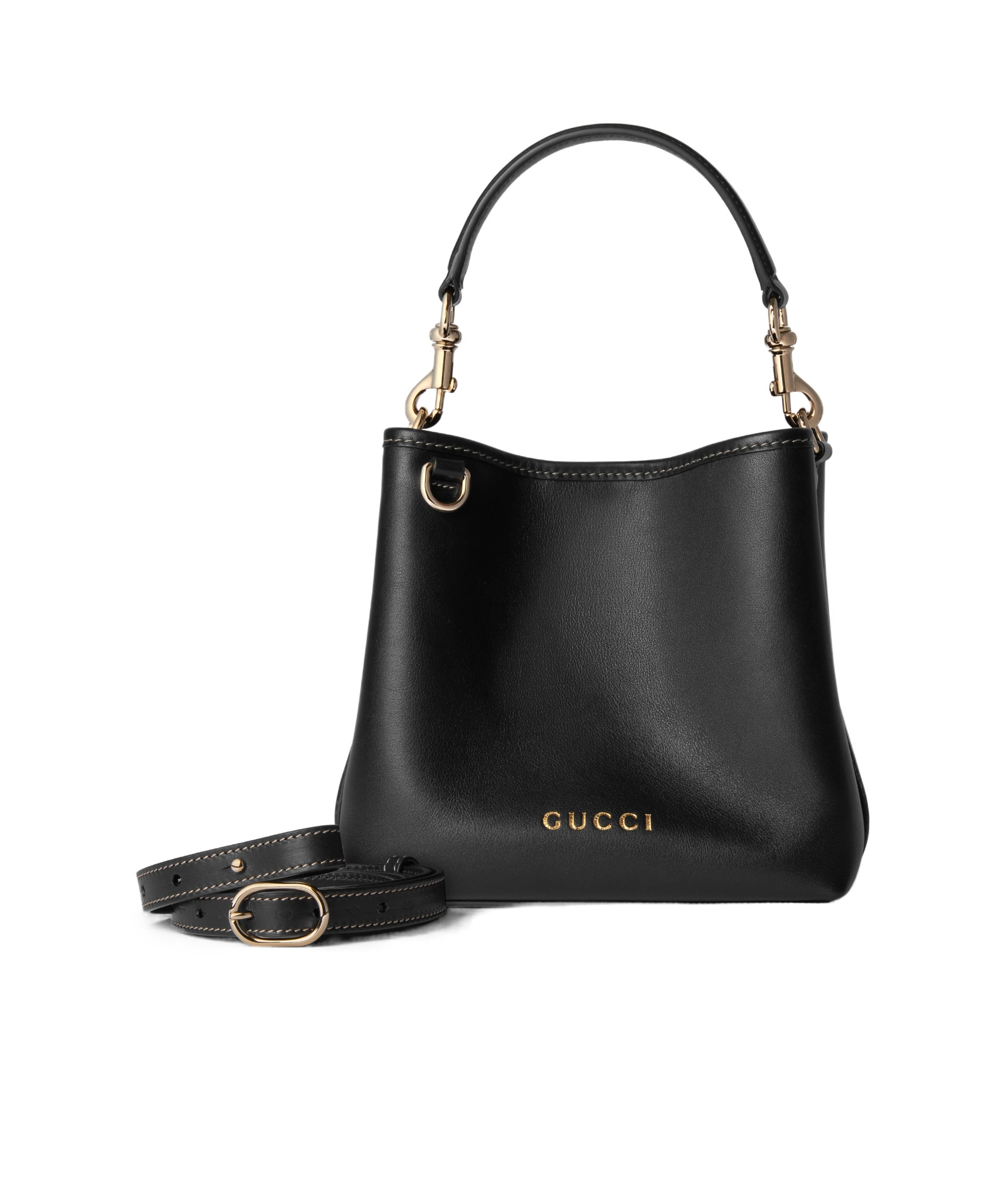 Gucci Gg Emblem Leather Bucket Bag With Frontal Logo In Black