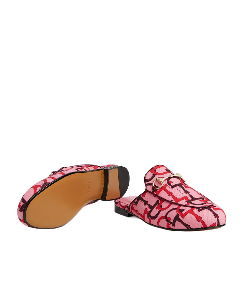Gucci Princetown Horsebit Print Loafer Mules In Pink And Red