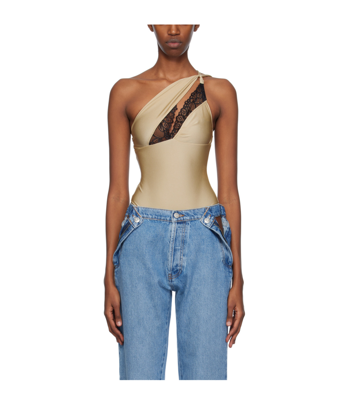 Shop Coperni Lace-detailing Asymmetric Bodysuit In Blue