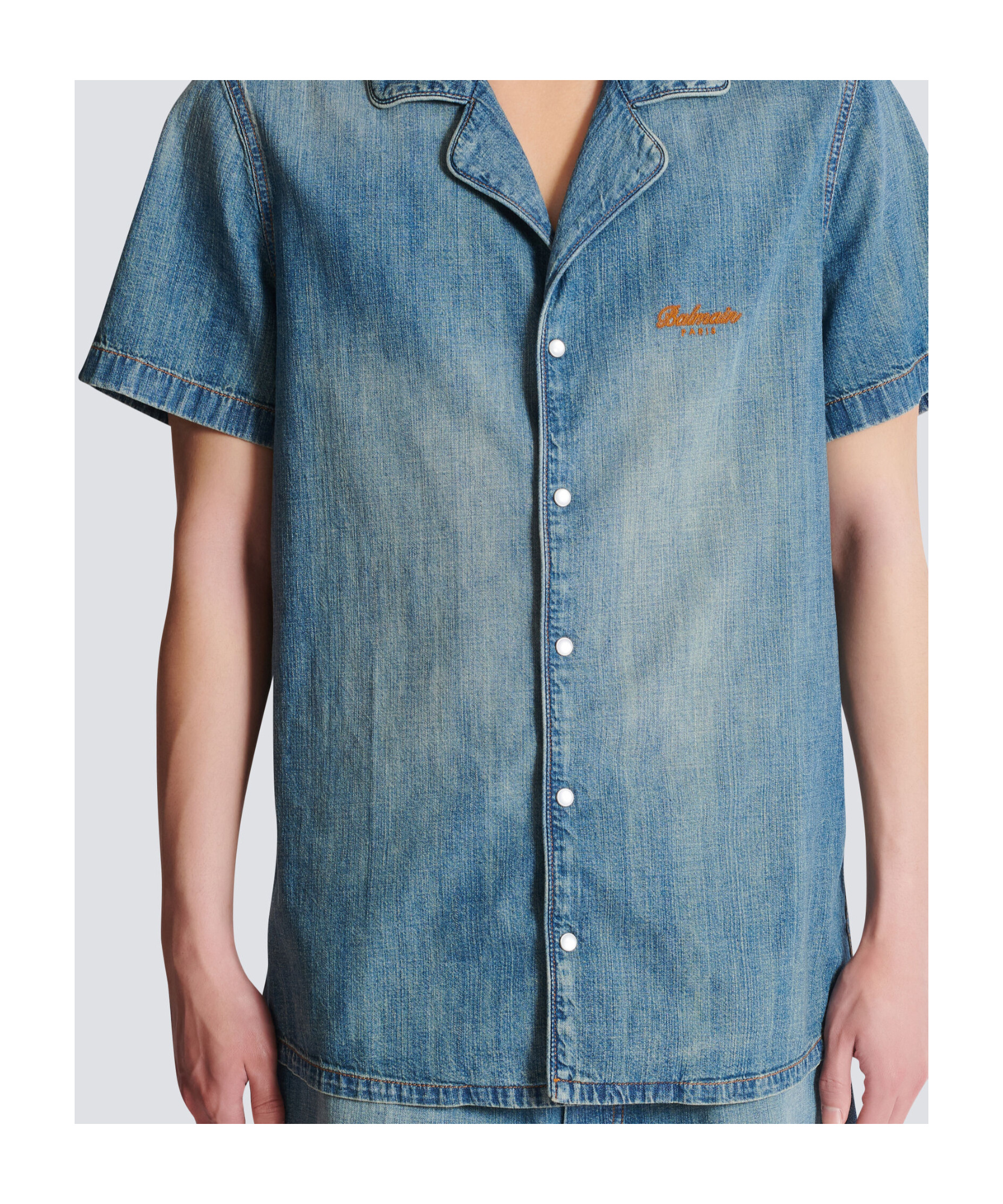 Balmain Short-sleeved Pyjama Shirt In Faded Denim In Blue