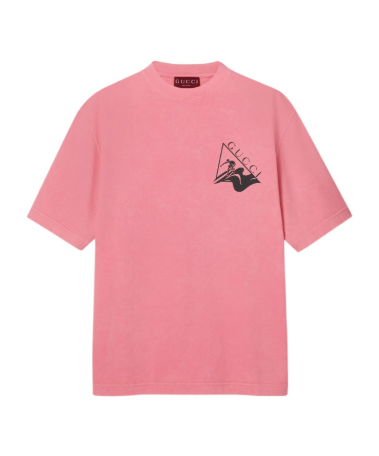 Gucci Men Pink Crewneck T-shirt With Surf Print And Logo On The Front In Cotton Man In Multi