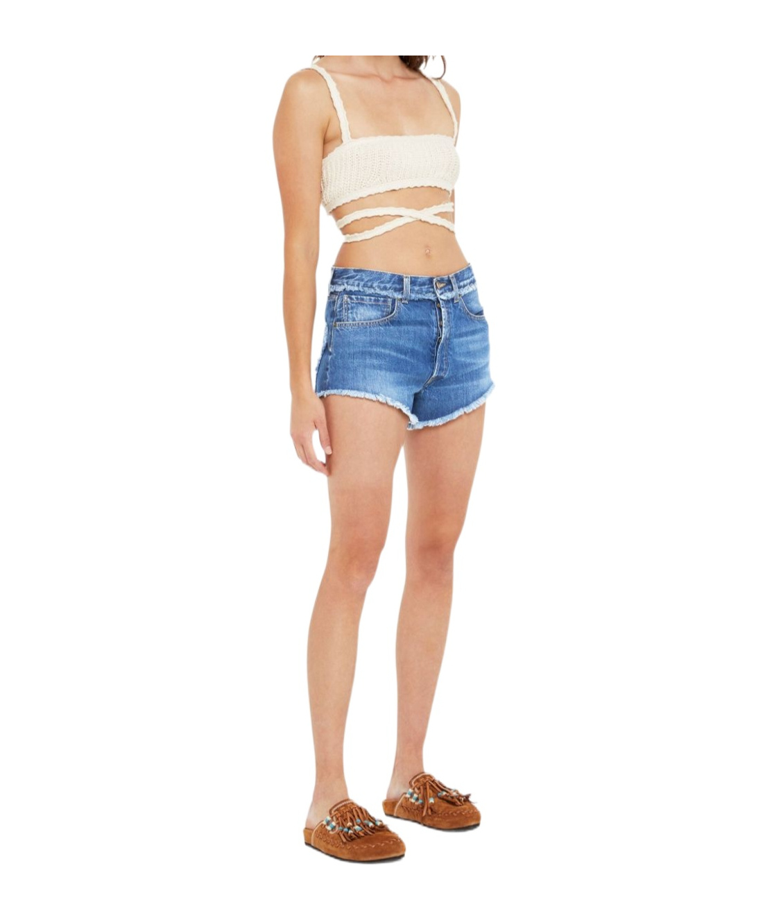 Alanui Fringed Cotton-denim Shorts In Blue