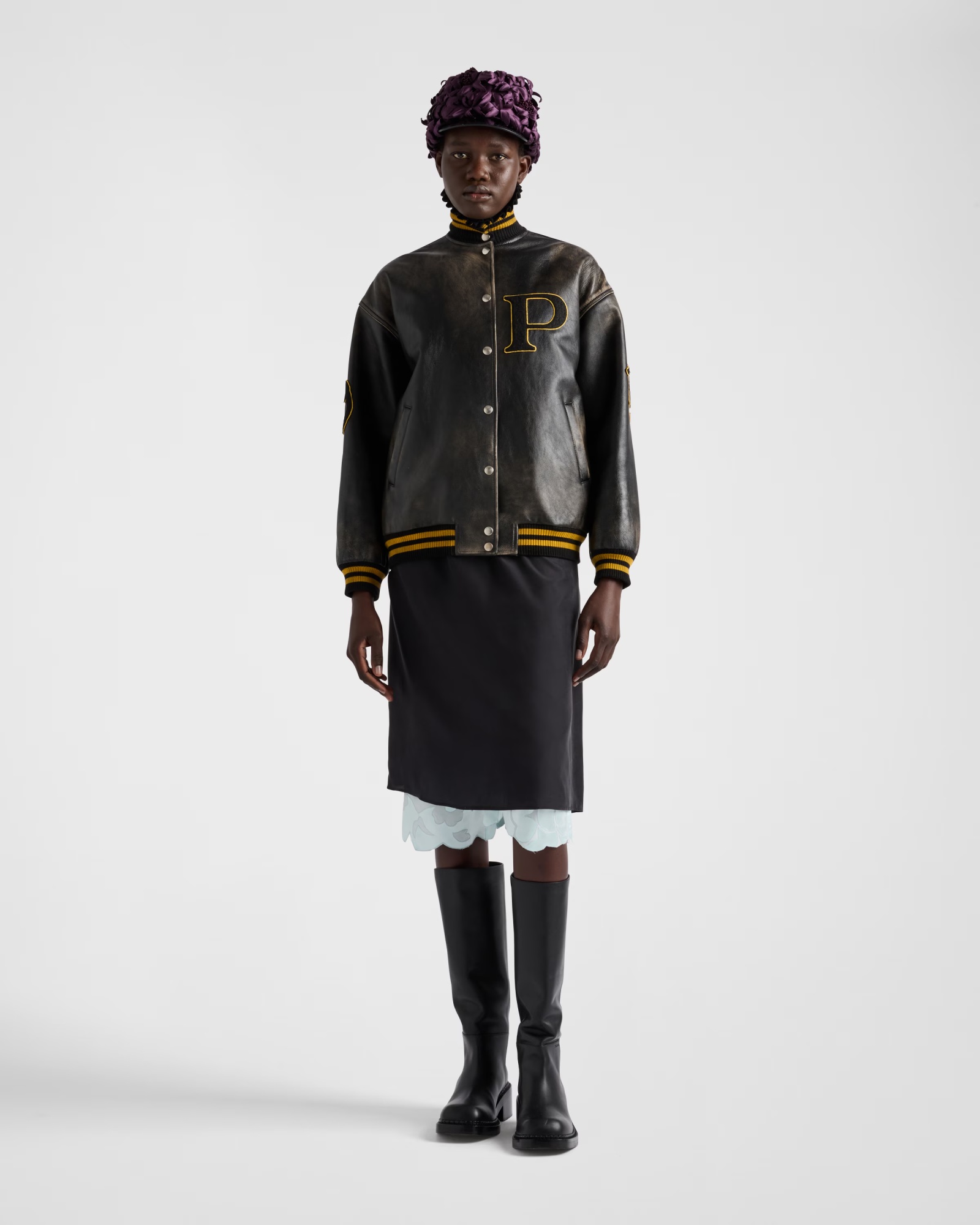 Prada Leather Bomber Jacket With Patch In Black