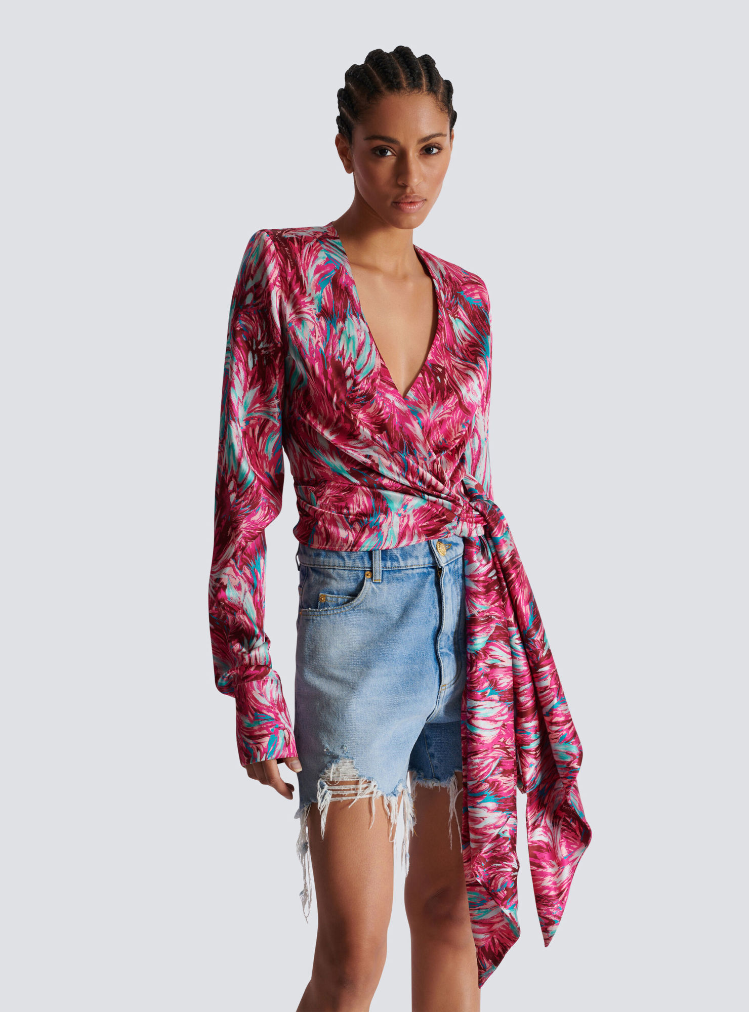Balmain Feather-print Silk Blouse In Red