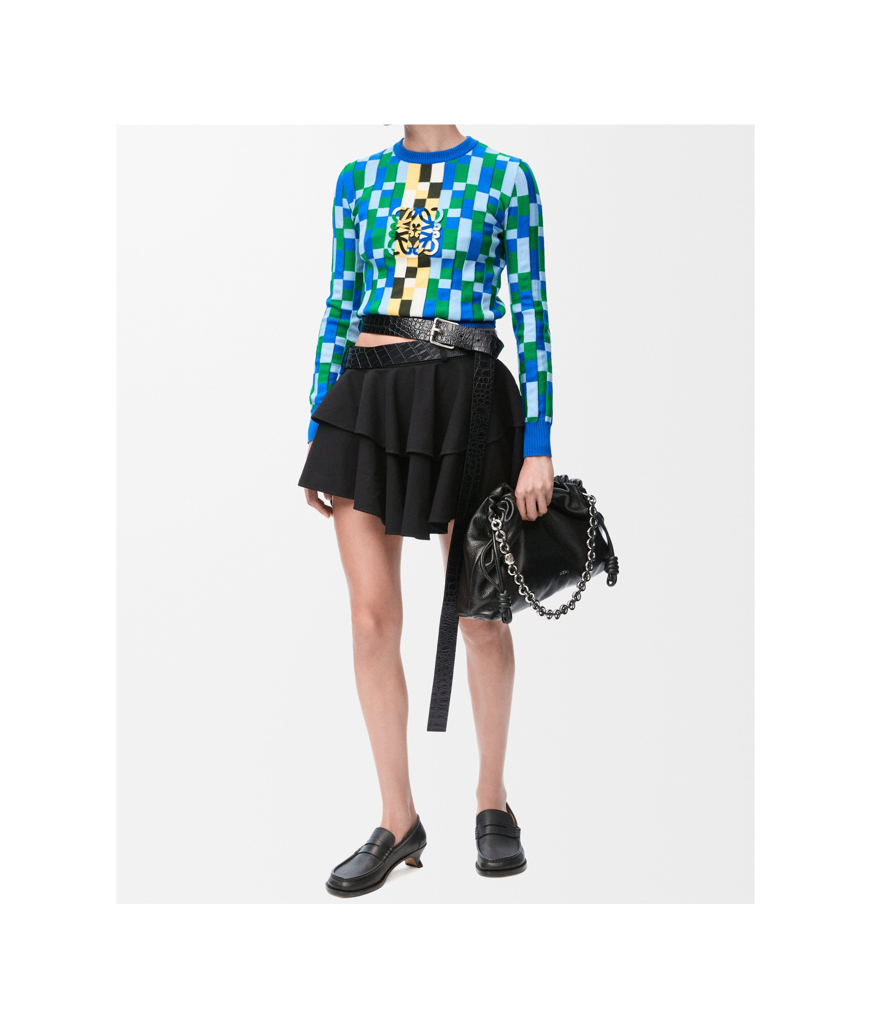 Loewe Anagram Appliquéd Checked Intarsia Cotton Sweater In Multi-color