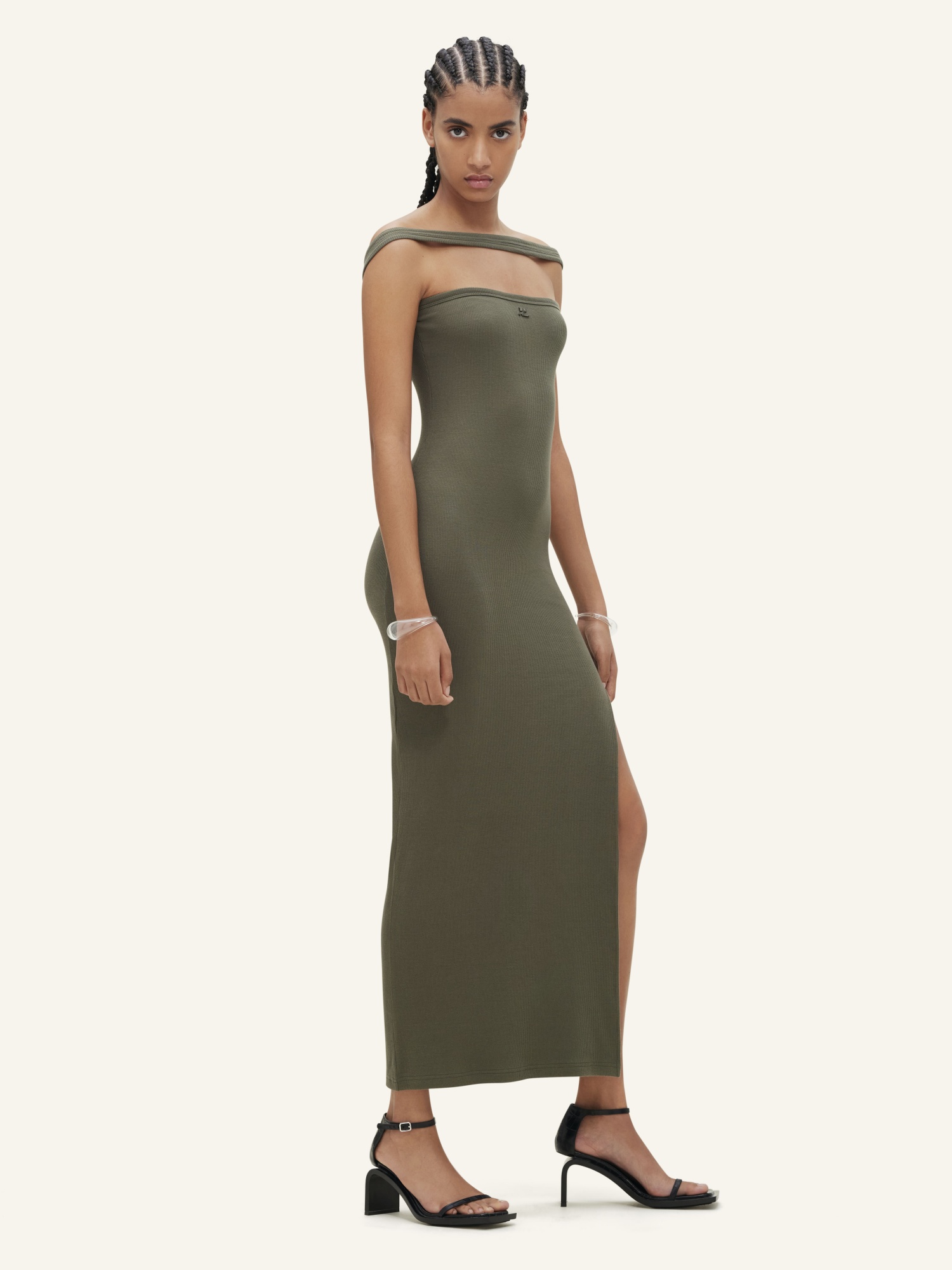 COURRÈGES HALTERNECK RIBBED MAXI DRESS