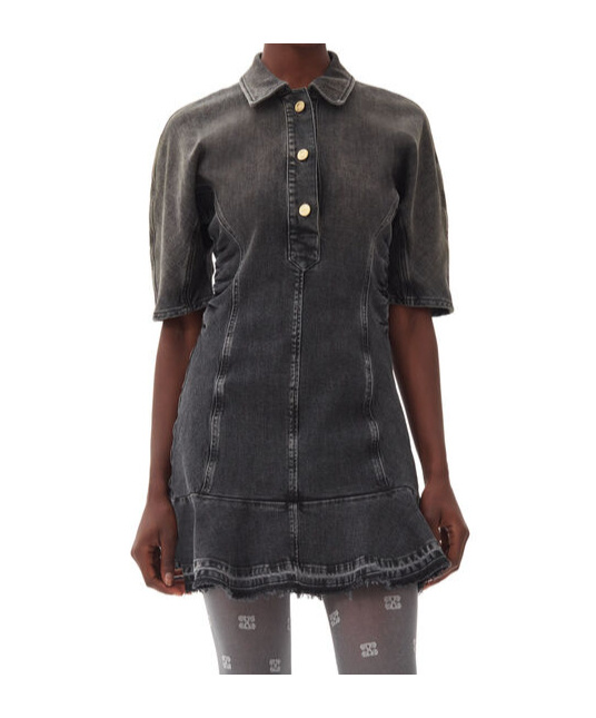 Ganni Ruched Side Fitted Dress With Short Sleeves In Black
