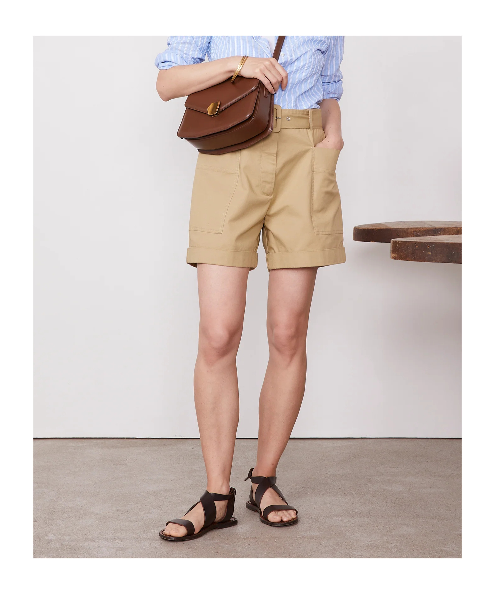 Officine Generale Twill Cotton Piedye Shorts In Tan