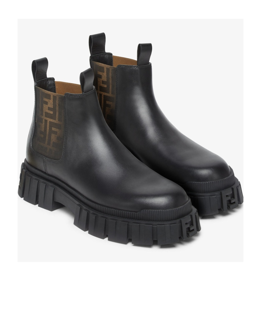 FENDI BROWN FF JACQUARD AND BLACK LEATHER CHELSEA BOOTS