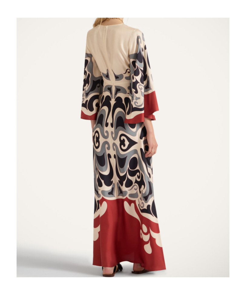 La Doublej Multicolor Long Dress With Round Neck And All Over Motif In Silk Woman In White