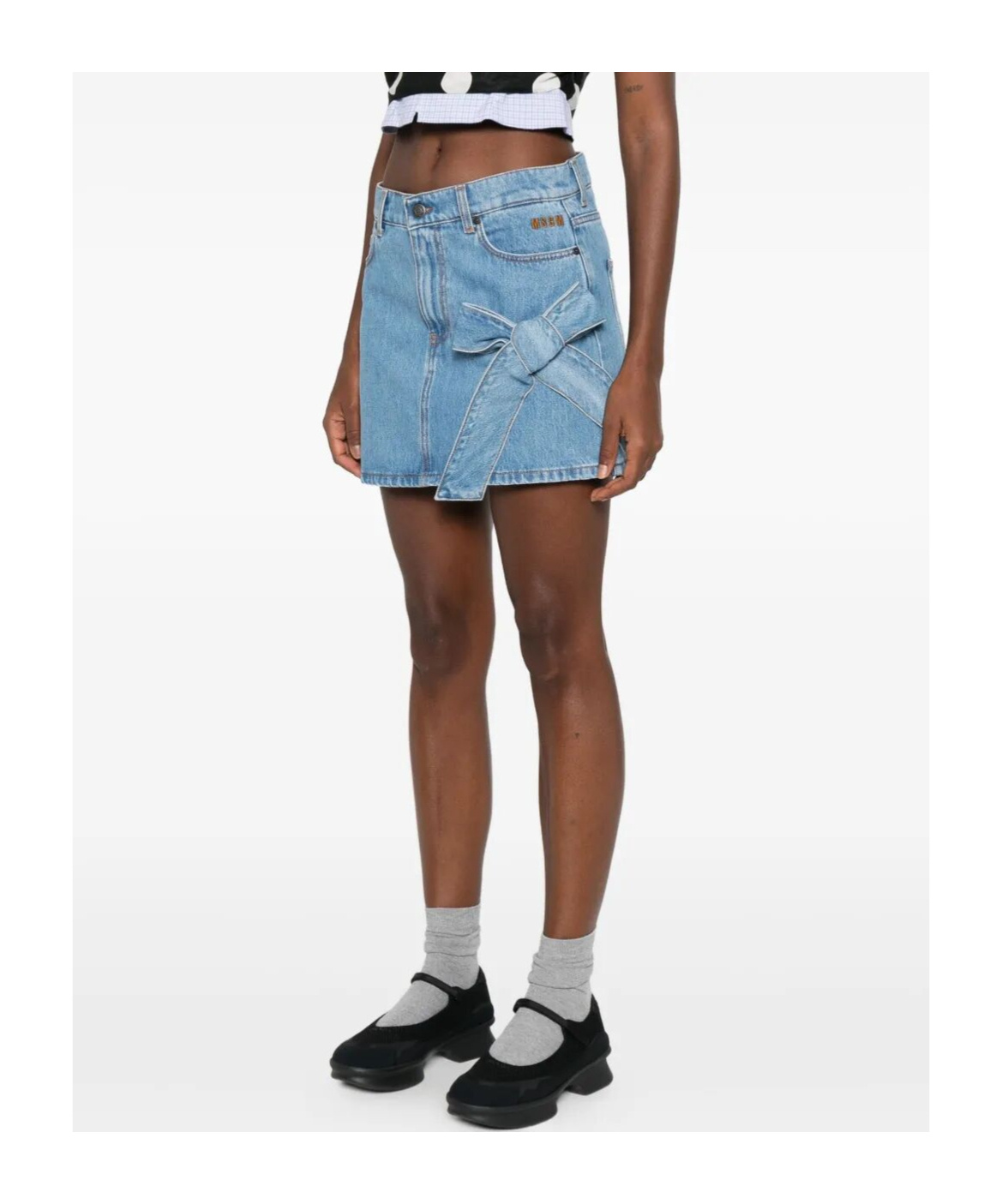 Msgm Bow-detail Denim Mini Straight Skirt In Blue