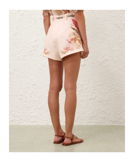 Zimmermann Floral Print Linen Shorts With Removable Waist Strap And Side Pockets In Neutral