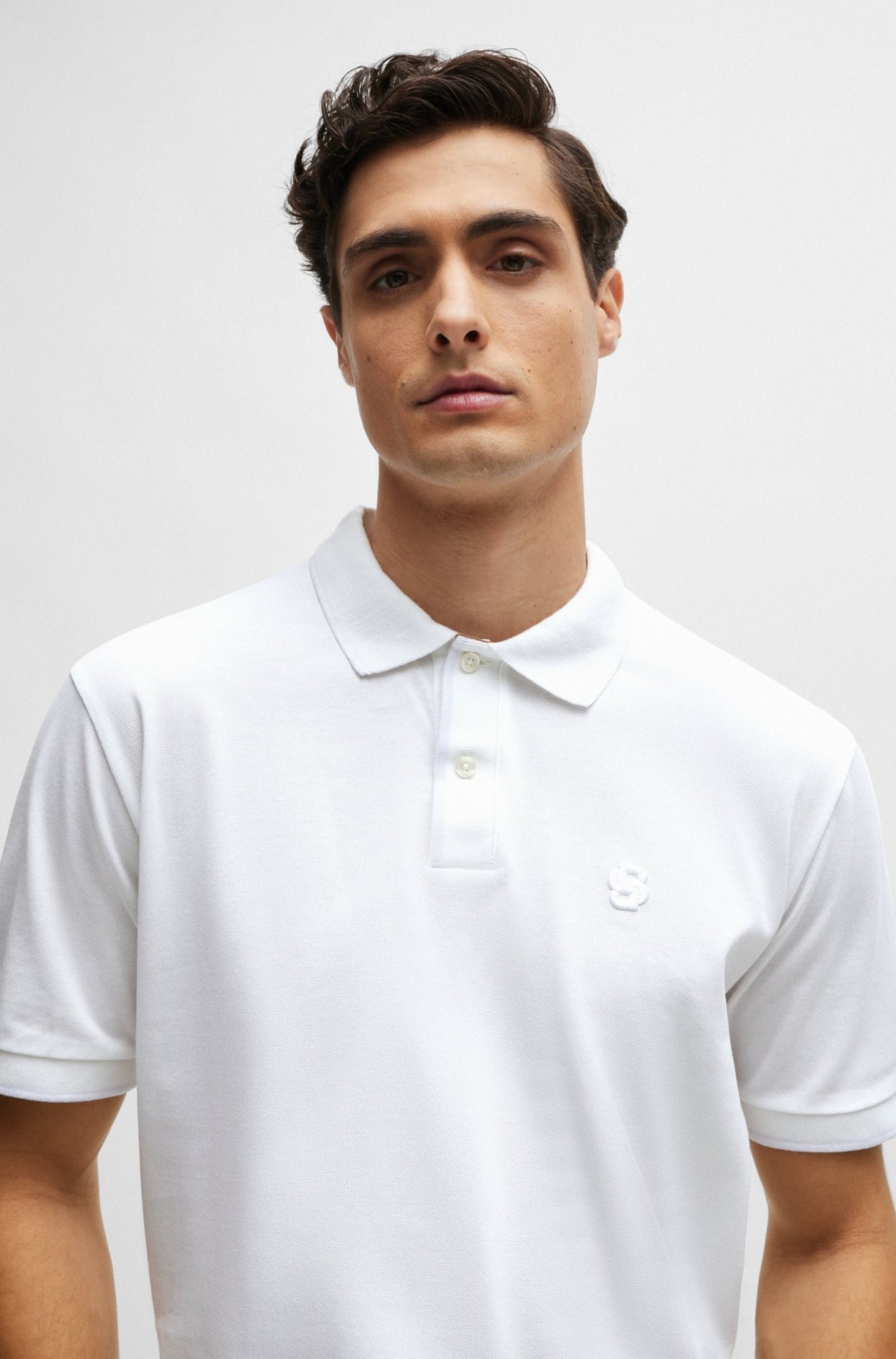 Hugo Boss Mercerized-cotton Polo Shirt With Embroidered Double Monogram In White