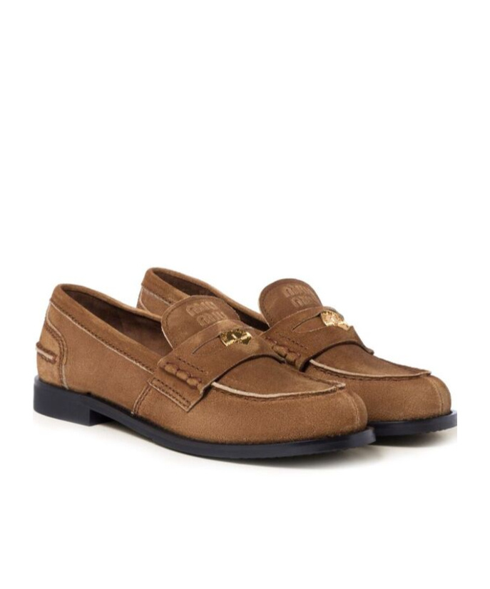 Miu Miu Coin-plaque Suede Loafers In Brown