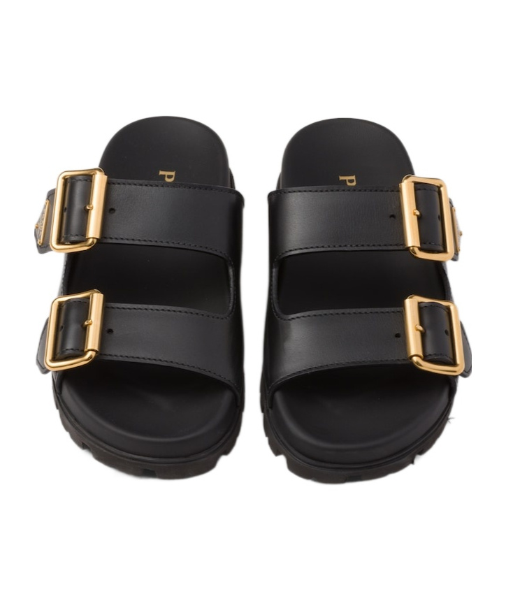 Prada Leather Slides Gold-tone Hardware Accents In Black