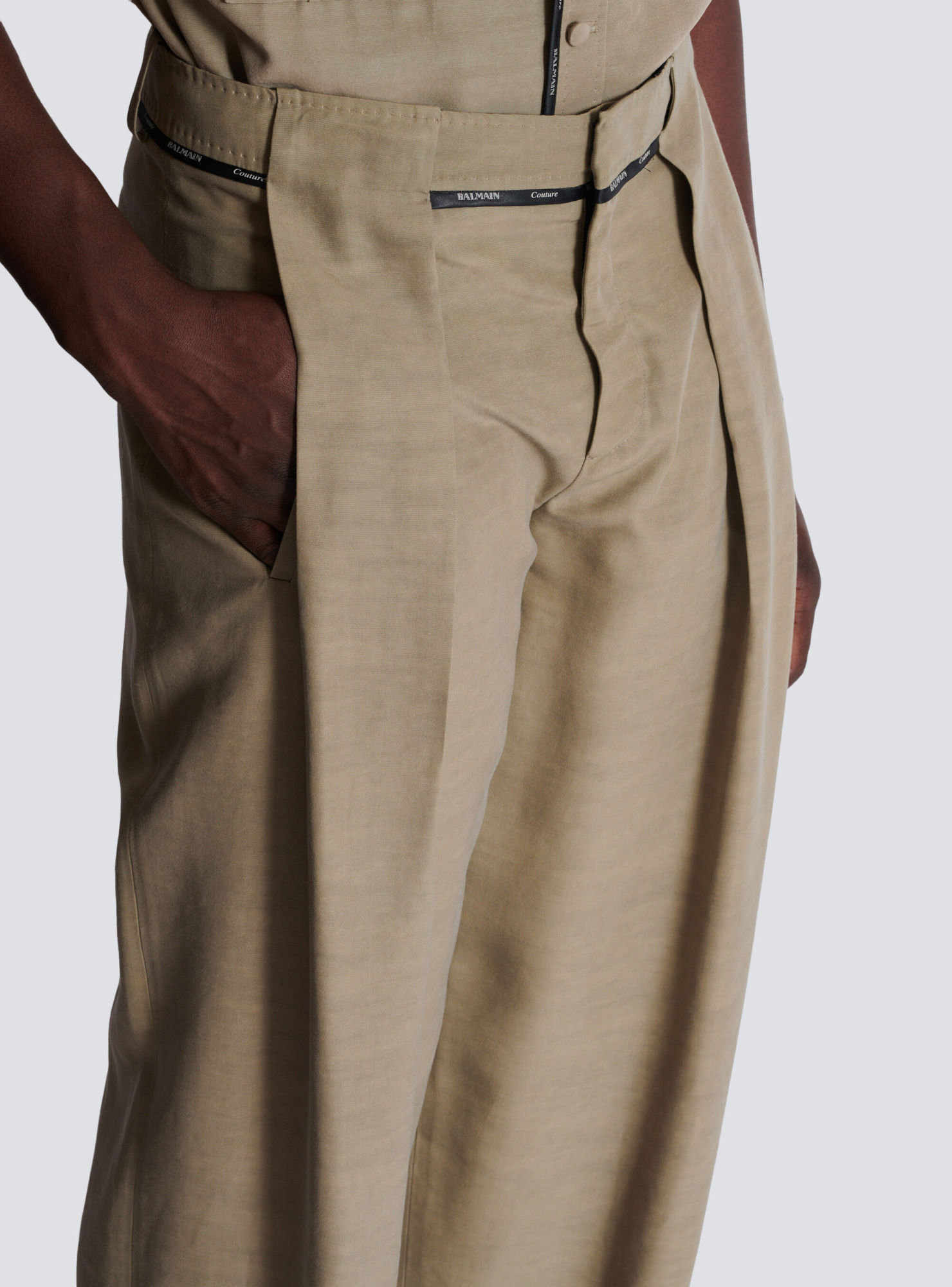 Balmain Men's Taupe Cupro Pleated Pants In Nude