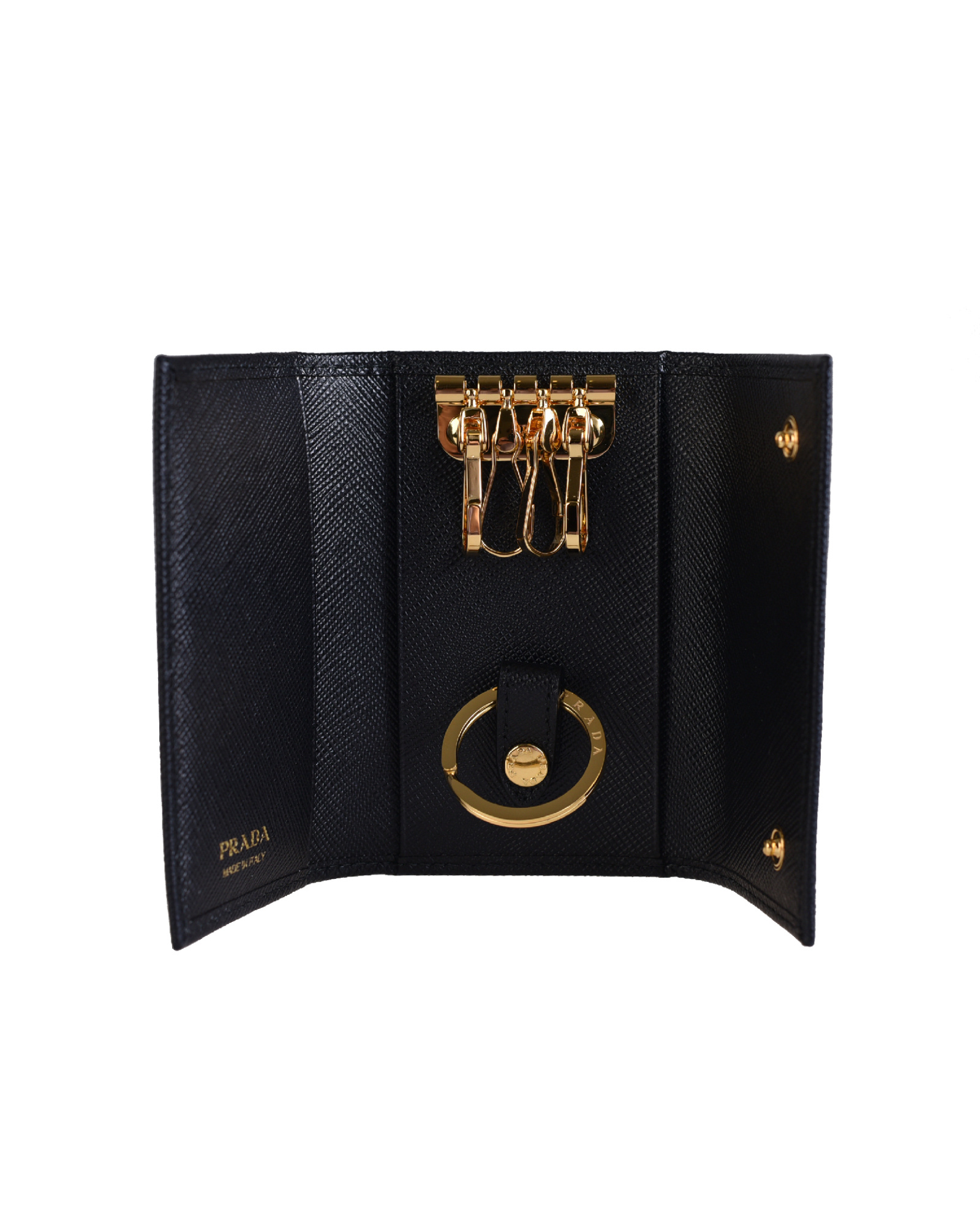Prada Triangle Logo Saffiano-leather Keyring Case In Black
