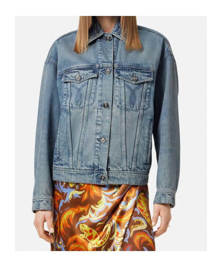 Versace Barocco Embossed Denim Jacket In Gray