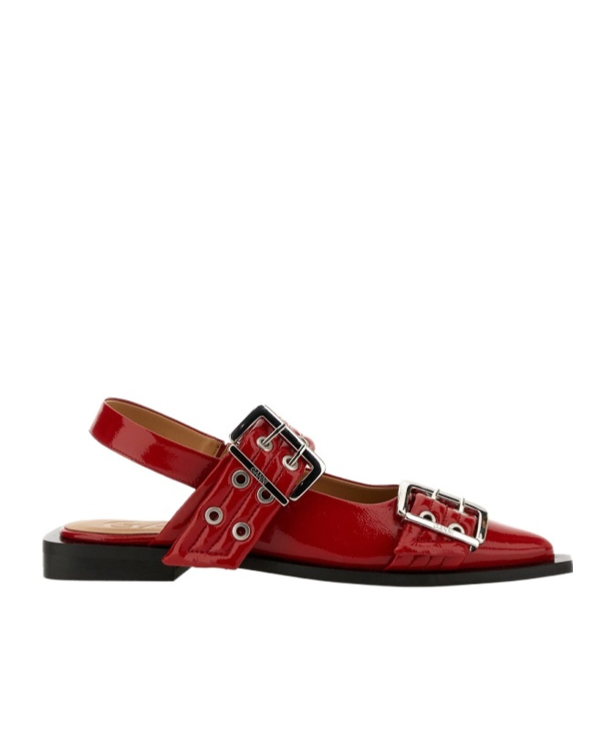 Ganni Red Wide Welt Buckle Ballerina Flats In Red