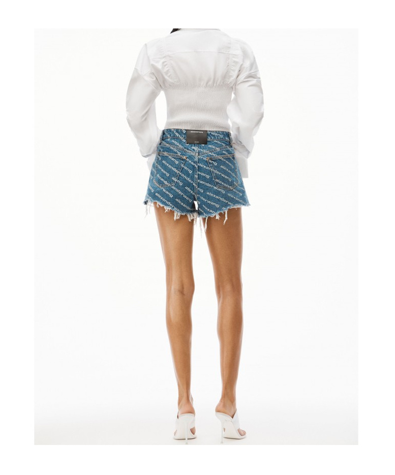 Alexander Wang Denim Shorts With All Over Logo In Blue