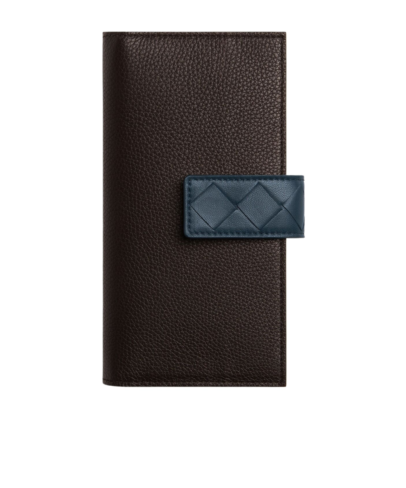 Bottega Veneta Tag Long Wallet With Zip Coin Purse In Fudge Color/dark Blue