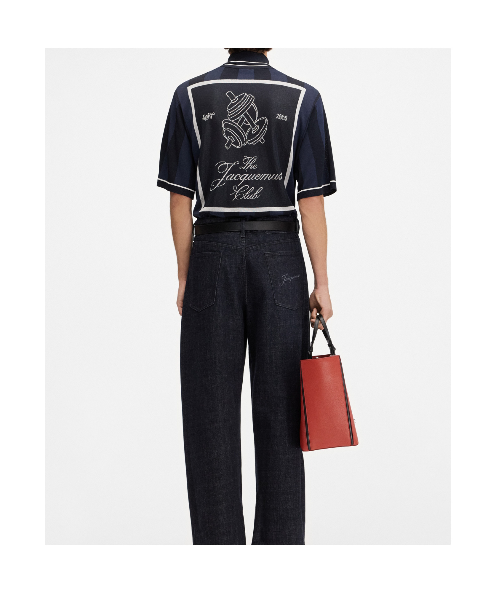 Jacquemus 'le Polo Liga' Blue Shirt With Maxi Rear Print And All-over Striped Motif In Gold