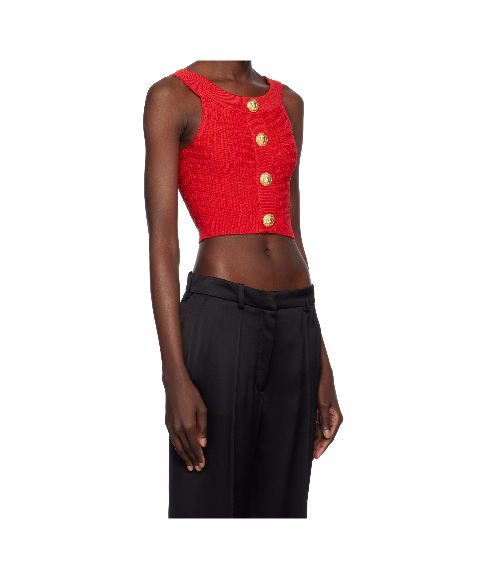 Balmain Red Buttoned Boatneck Knit Cropped Tank Top In Red