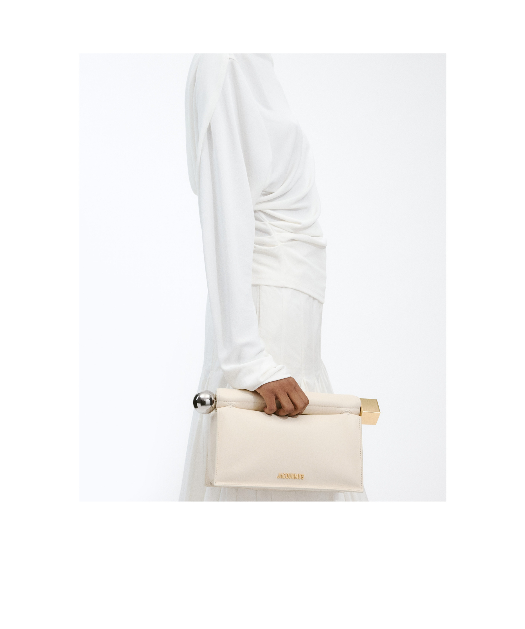 Jacquemus Ivory Leather Clutch Bag With Logo Plaque And Gold Details