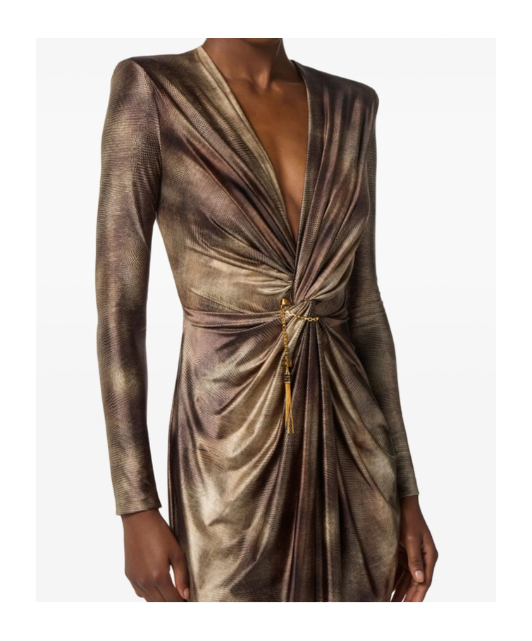 Elisabetta Franchi Draped Metallic Knee Length Dress With Sleeves In Brown