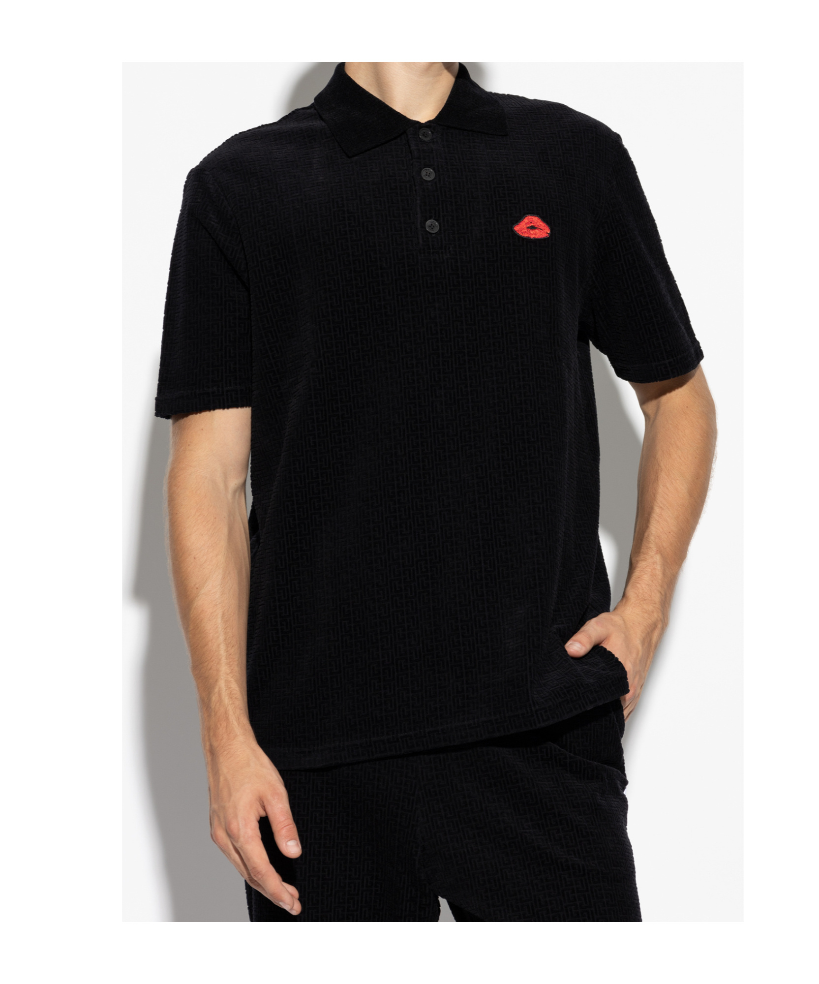 Balmain Lip Motif Collared Polo Shirt In Black