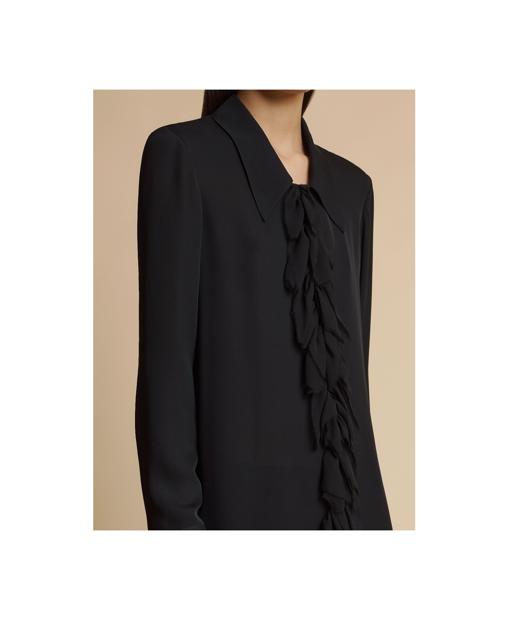 Khaite Ruffled Collared Sheer Fabric Long Sleeve Top In Black
