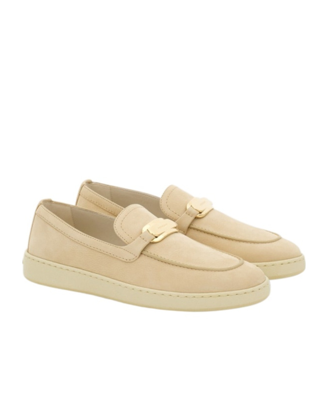 Ferragamo Nubuck Leather Loafers Gold Hardware In Nude