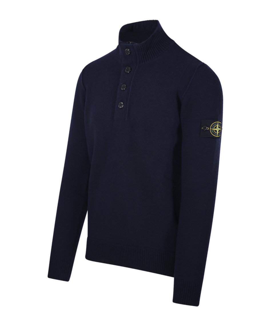 Stone Island Buttoned High Neck Sweater In Blue