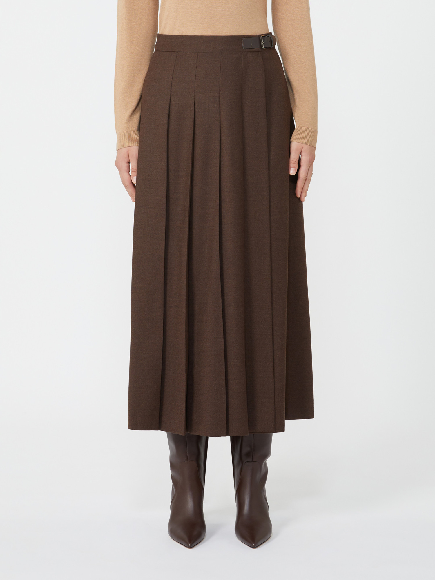 Weekend Max Mara Pleated Buckle-fastening Midi Skirt In Brown