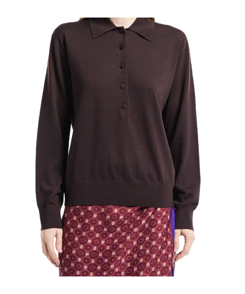 Dries Van Noten Long-sleeved Polo Sweater In Brown