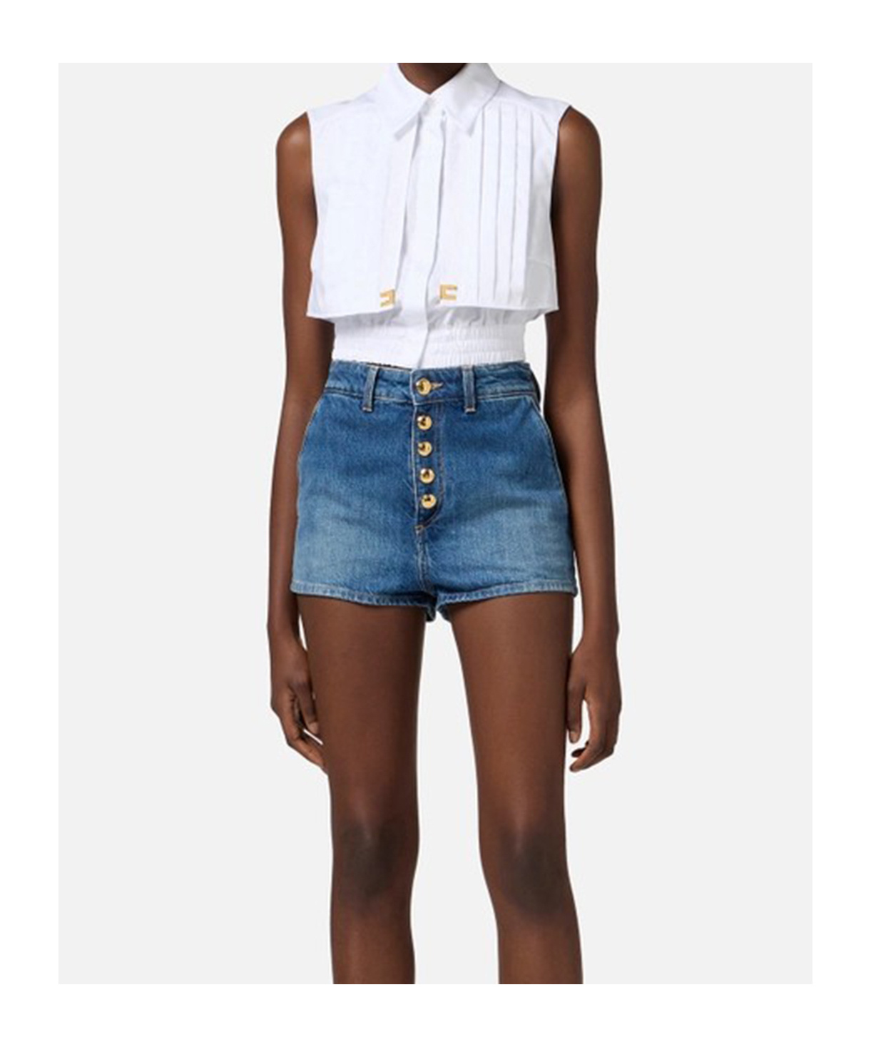 Elisabetta Franchi Collared Sleeveless Shirt Pleated Front In White