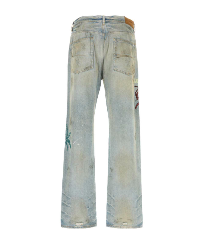 Amiri Distressed Embroidered Denim Trousers In Gray