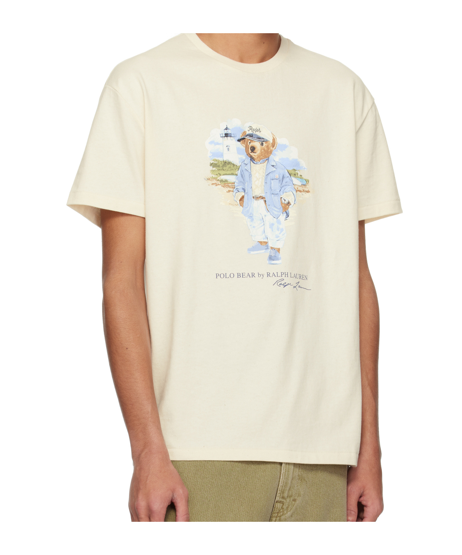 Polo Ralph Lauren White Crewneck T-shirt With Maxi Polo Bear Print On The Front In Nude
