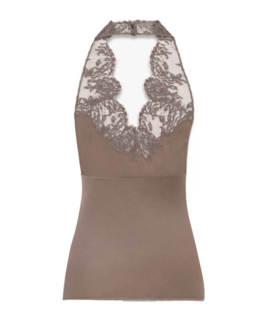 Saint Laurent Lace-embellished Silk Top In Gray