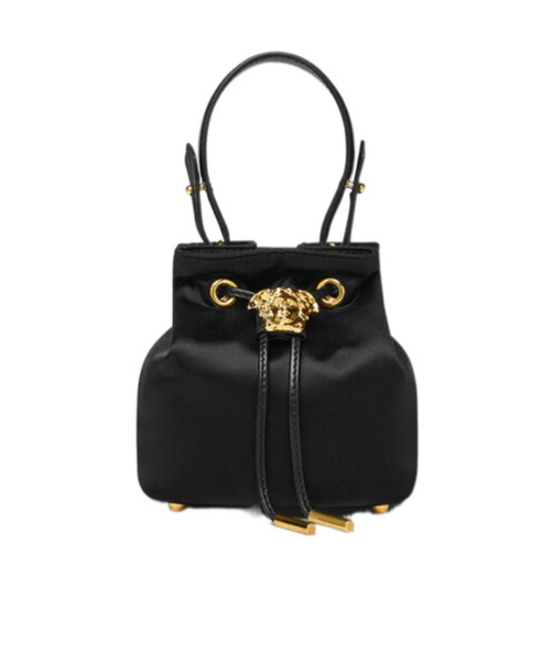 Versace La Medusa Satin Mini Bucket Bag In Black