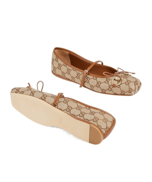 Gucci Horsebit-detailed Leather-trimmed Canvas-jacquard Ballet Flat In Nude