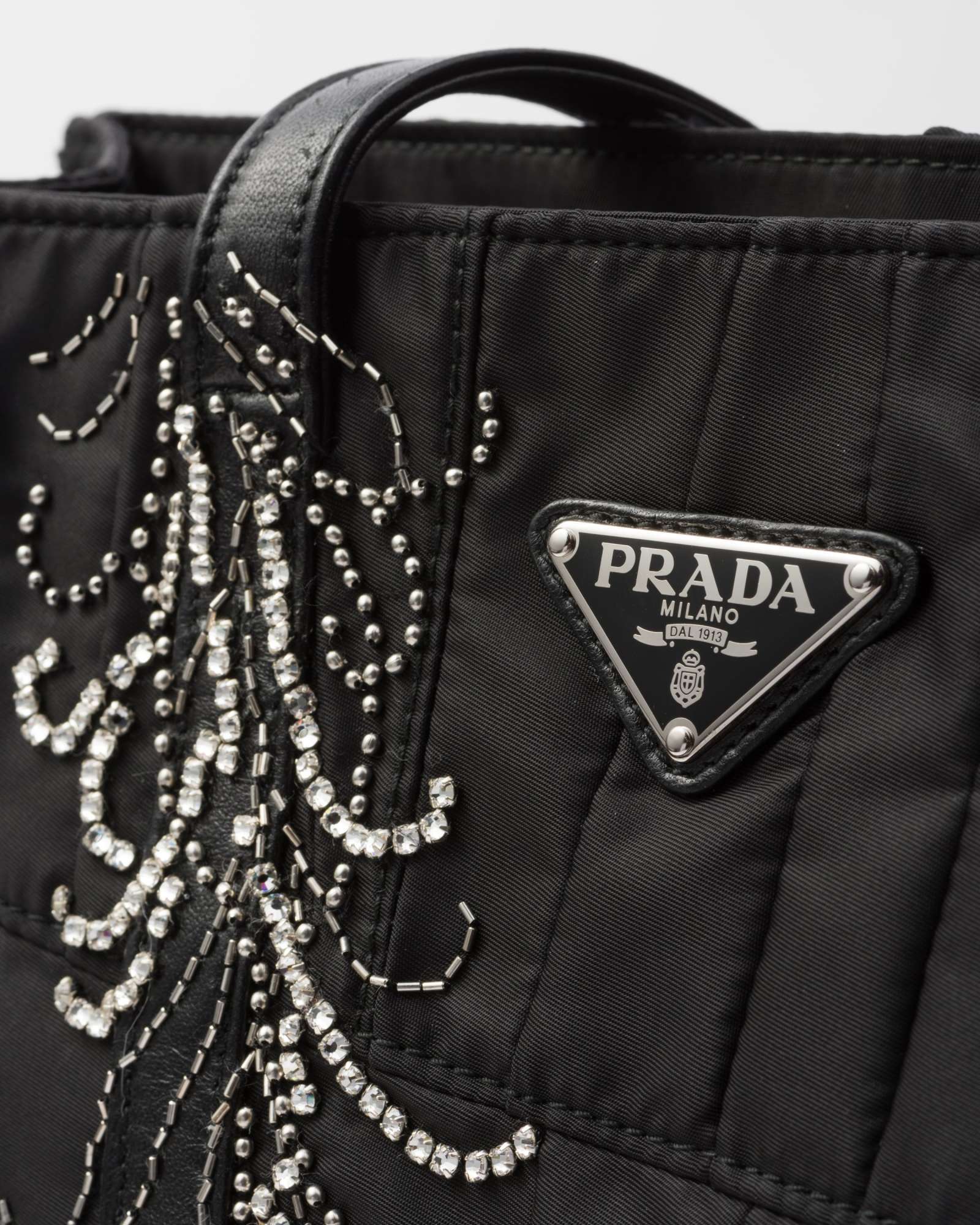 Shop Prada Medium Re-nylon Patchwork Tote Bag With Embroidery In Black