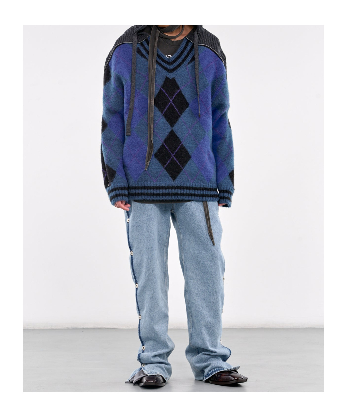 Y/project Y Project Women Embroidered Stretch Cotton Blend Oversize Sweater In Blue/grey/argyle