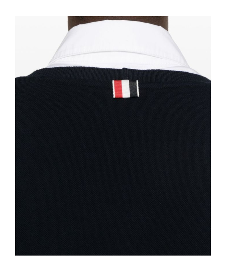 Thom Browne Cotton Pique V Neck Long Sleeve In Black